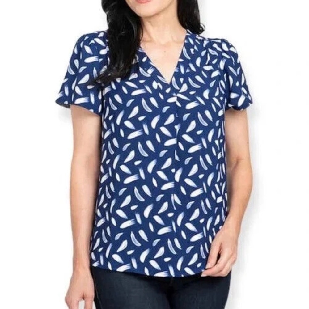 Hilary Radley V-Neck Blouse with Leaf Pattern in Indigo & Off-White, Like New - Picture 3 of 5